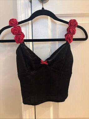 Dolls Kill Black Velvet Crop Top with Red Rose Straps